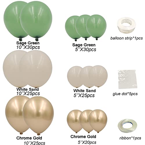 Sage Green Balloon Arch Kit for Baby Shower and Bridal Shower Decorations-155pcs Sand White Chrome Gold Balloons