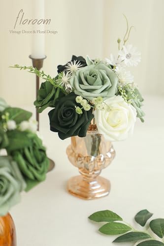 Floroom Real Looking Forest Green Ombre Colors Fake Roses for DIY Wedding Decorations
| Floroom 25pcs Sage Green Fake F