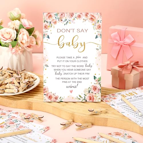 Patelai Floral 5 Sets Baby Shower Game Cards 50 Cards Each Don't Say Baby Sign 20 Pencils Supplies