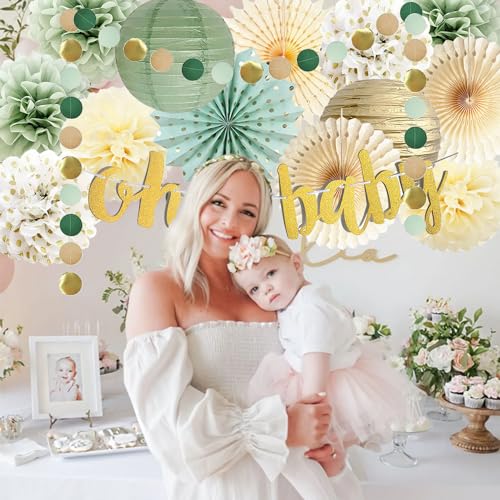 Sage Green Baby Shower Decorations Circle Dot Garland Oh Baby Banner Boy Girl Neutral Party Supplies