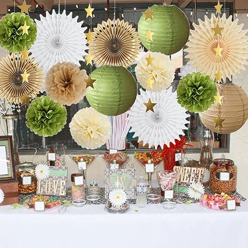 Olive Green and Brown Party Decorations for Bridal Shower and Wedding  
Olive Green Tissue Pom Poms Cream with Gold Star