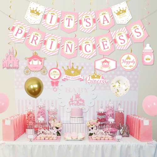 Funmemoir Little Princess Baby Shower Decorations for Girl: Stunning Pink and Gold Banner, Elegant Hanging Swirls, Cake