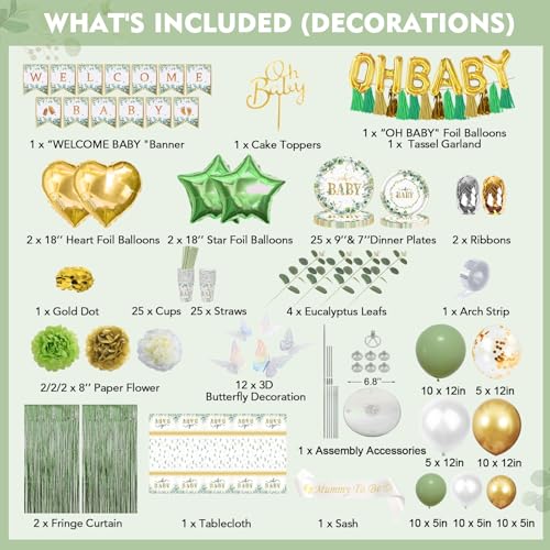 OH BABY Sage Green Decorations for 25 Guests
| Sage Green Baby Shower Decorations & Disposable Dinnerware Set
| Eucalyp