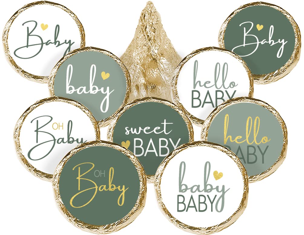 Green and Gold Baby Shower Party Favor Kisses Candy Stickers - Sweet Baby Party Favors - Ideal for Baby Showers and Fest
