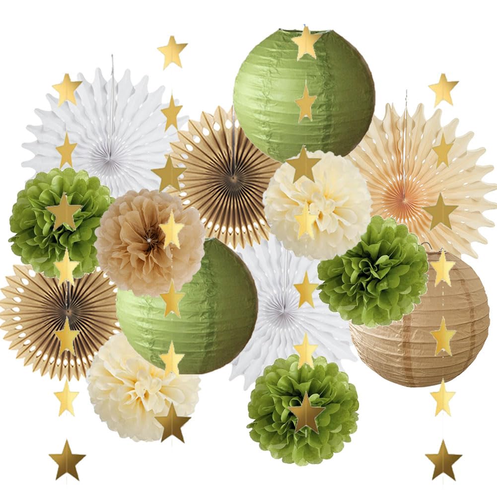 Olive Green and Brown Party Decorations for Bridal Shower and Wedding  
Olive Green Tissue Pom Poms Cream with Gold Star