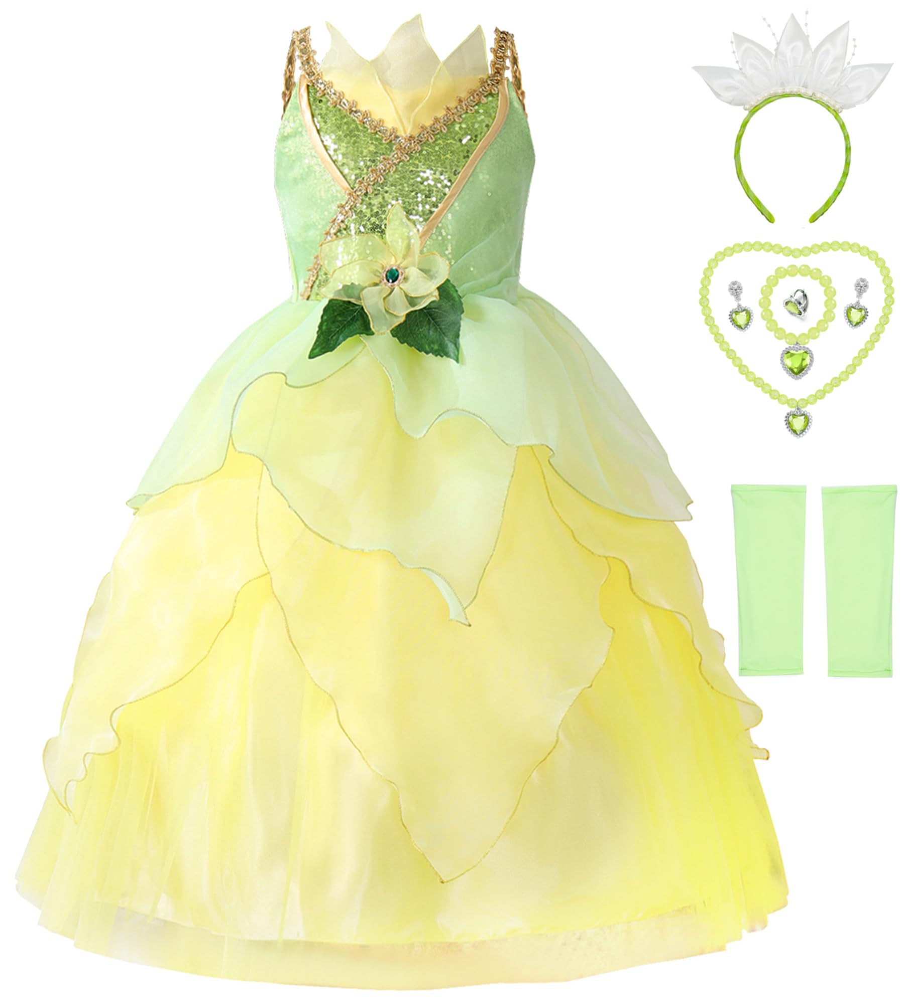 Axaxa Princess Tiana Costume for Girls: Princess and the Frog Dress with Accessories, Ages 3-11