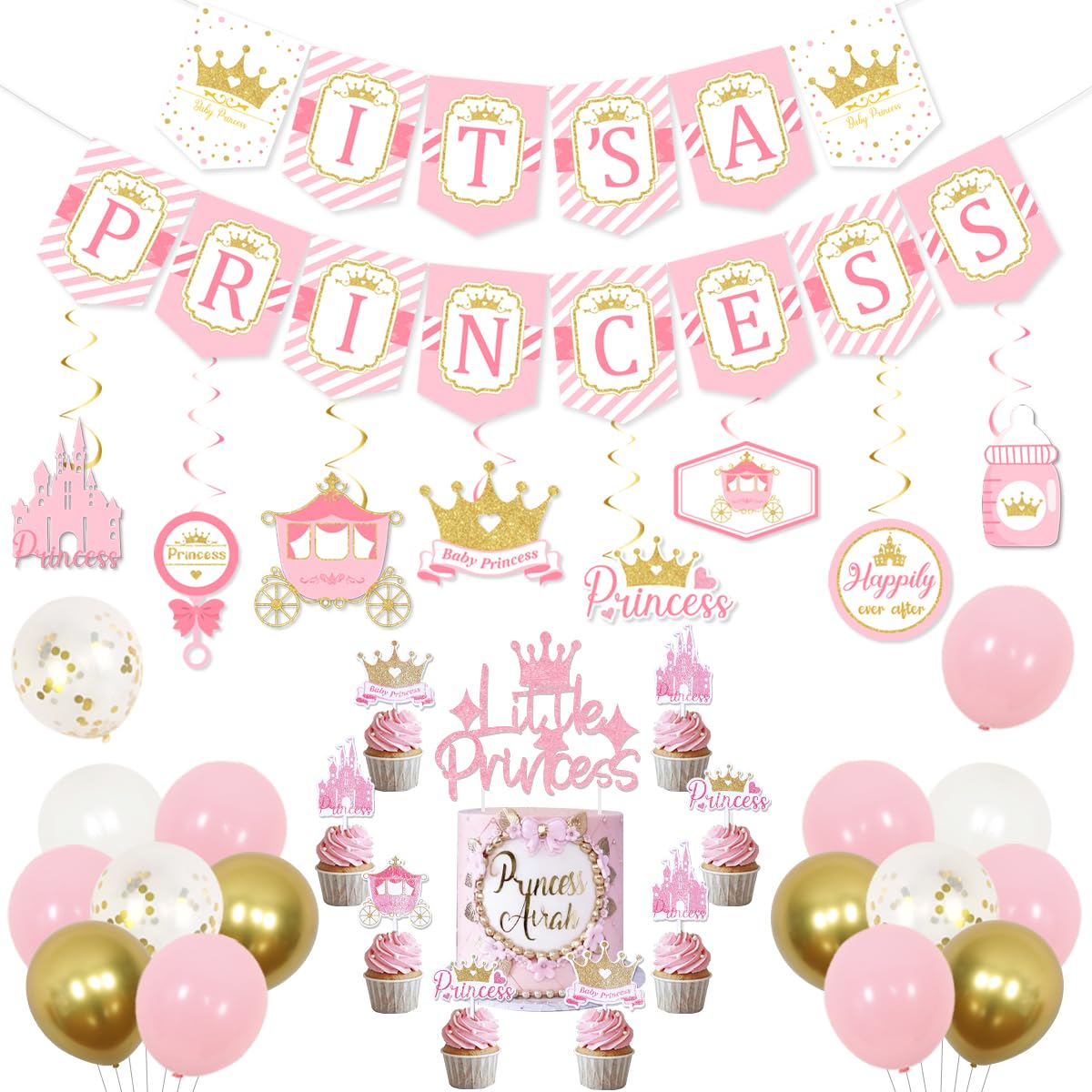 Funmemoir Little Princess Baby Shower Decorations for Girl: Stunning Pink and Gold Banner, Elegant Hanging Swirls, Cake