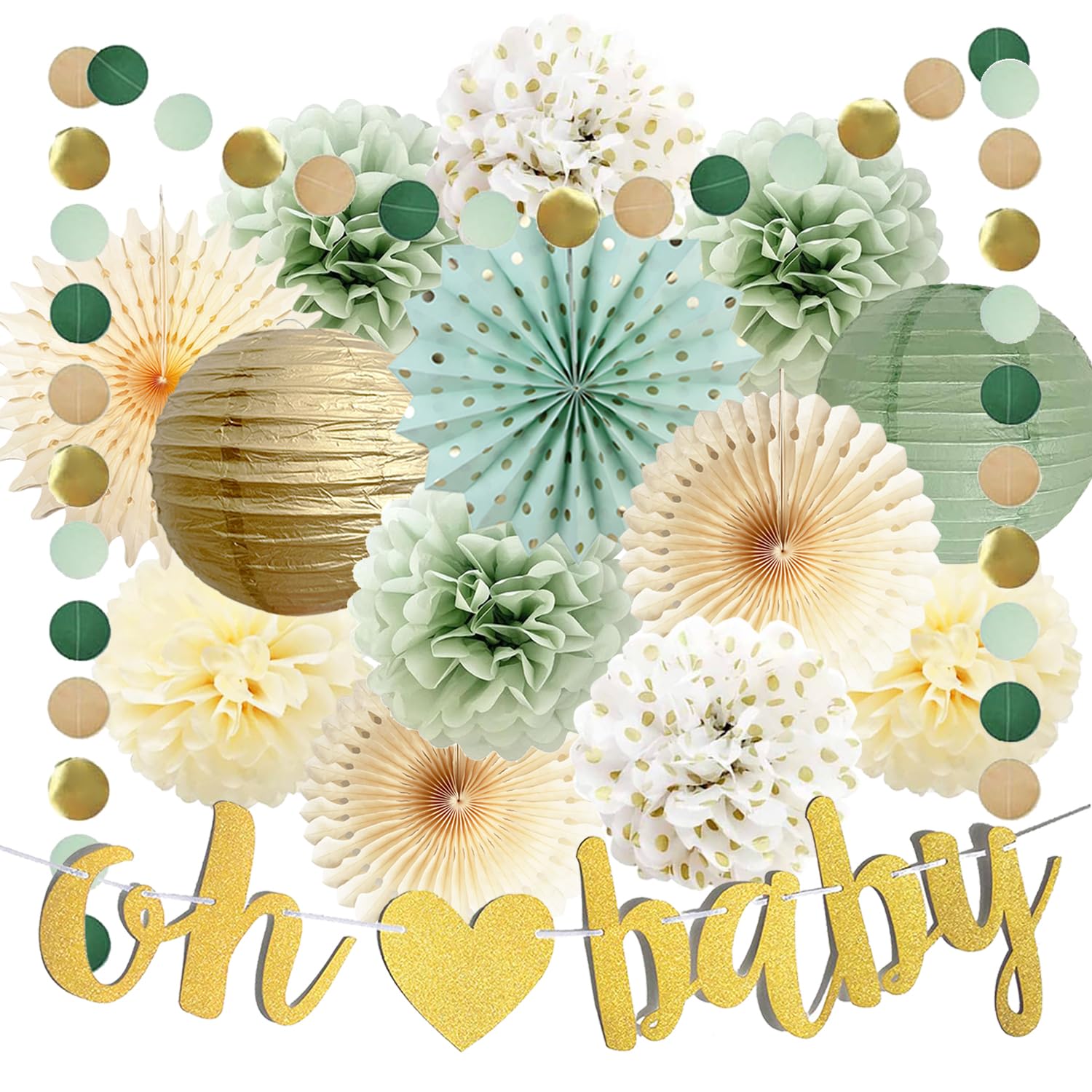 Sage Green Baby Shower Decorations Circle Dot Garland Oh Baby Banner Boy Girl Neutral Party Supplies