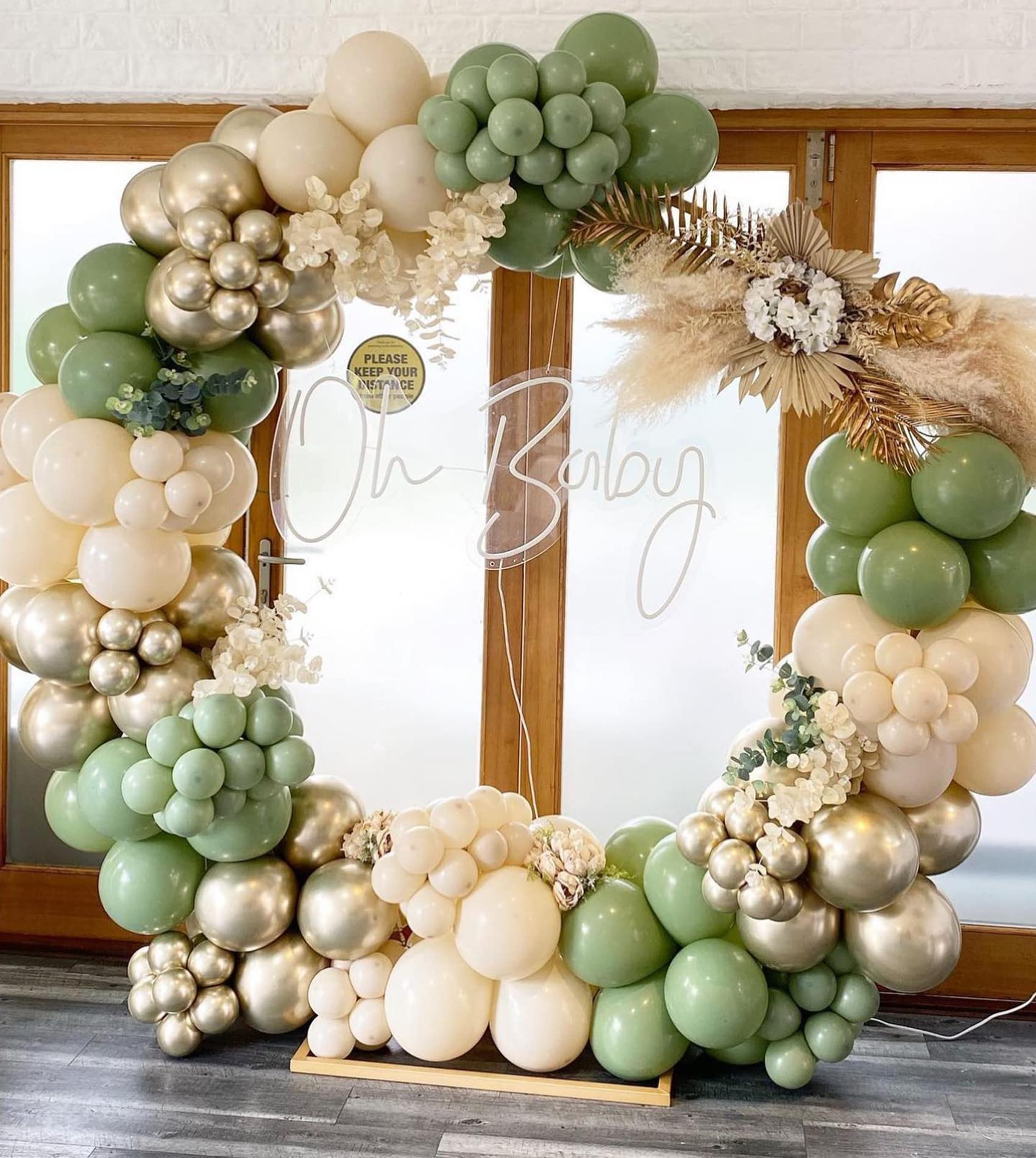 Sage Green Balloon Arch Kit for Baby Shower and Bridal Shower Decorations-155pcs Sand White Chrome Gold Balloons