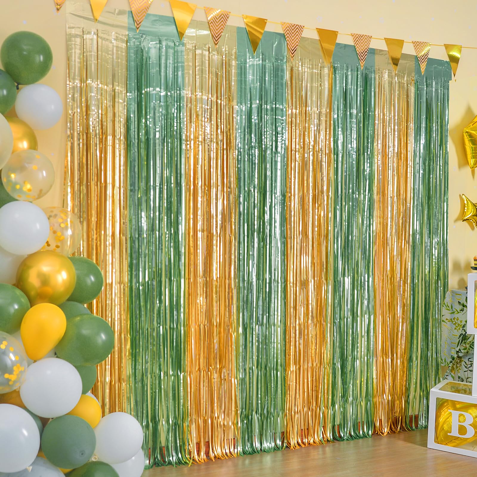 LOLStar Sage Green Gold Party Decorations |3X6.6ft Foil Fringe Curtains for Baby Shower & Christmas Wedding Perfect Wood