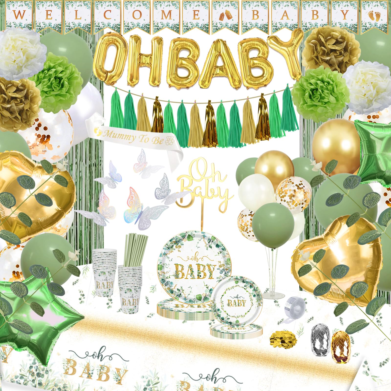 OH BABY Sage Green Decorations for 25 Guests
| Sage Green Baby Shower Decorations & Disposable Dinnerware Set
| Eucalyp