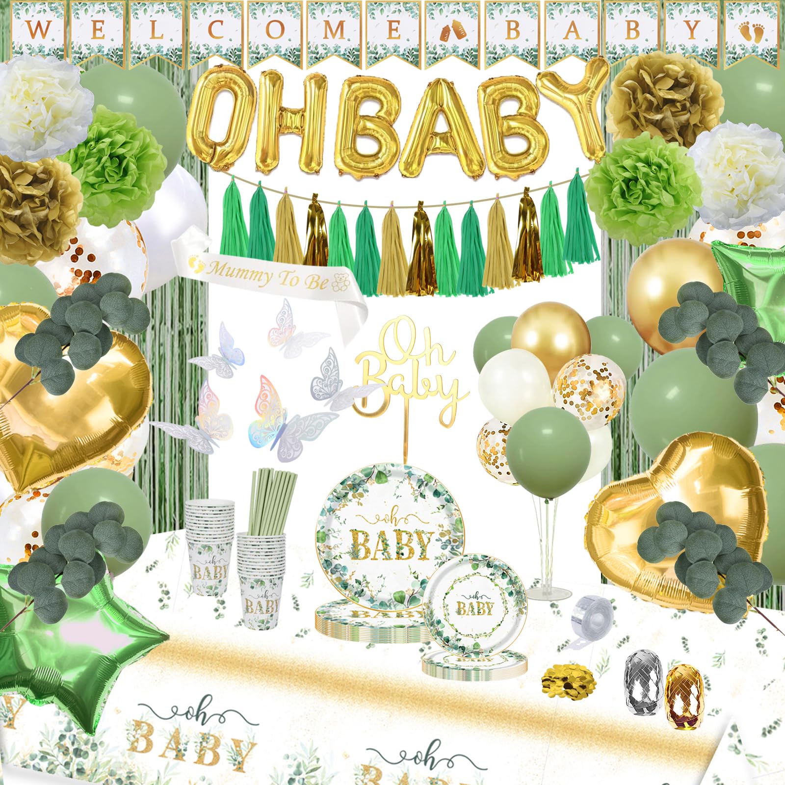 Sage Green OH BABY Banner Decorations for Neutral Baby Shower 25 Guest Set
| Neutral Baby Shower OH BABY Banner with Sa