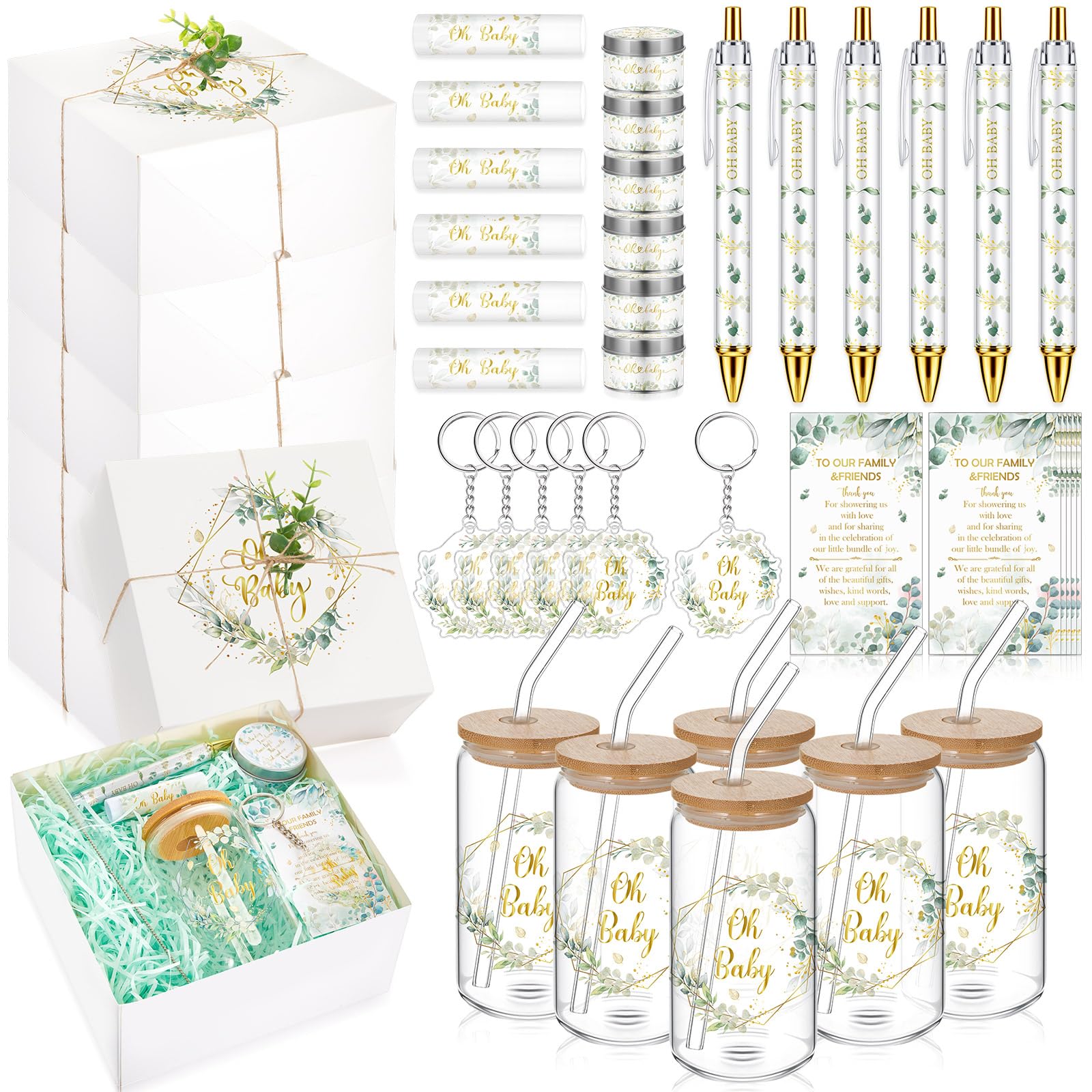 Hoolerry 6 Sets 72 Pcs Greenery Baby Shower Prizes for Game Favors Include Glass Cups Greenery Baby Shower Winners Prese