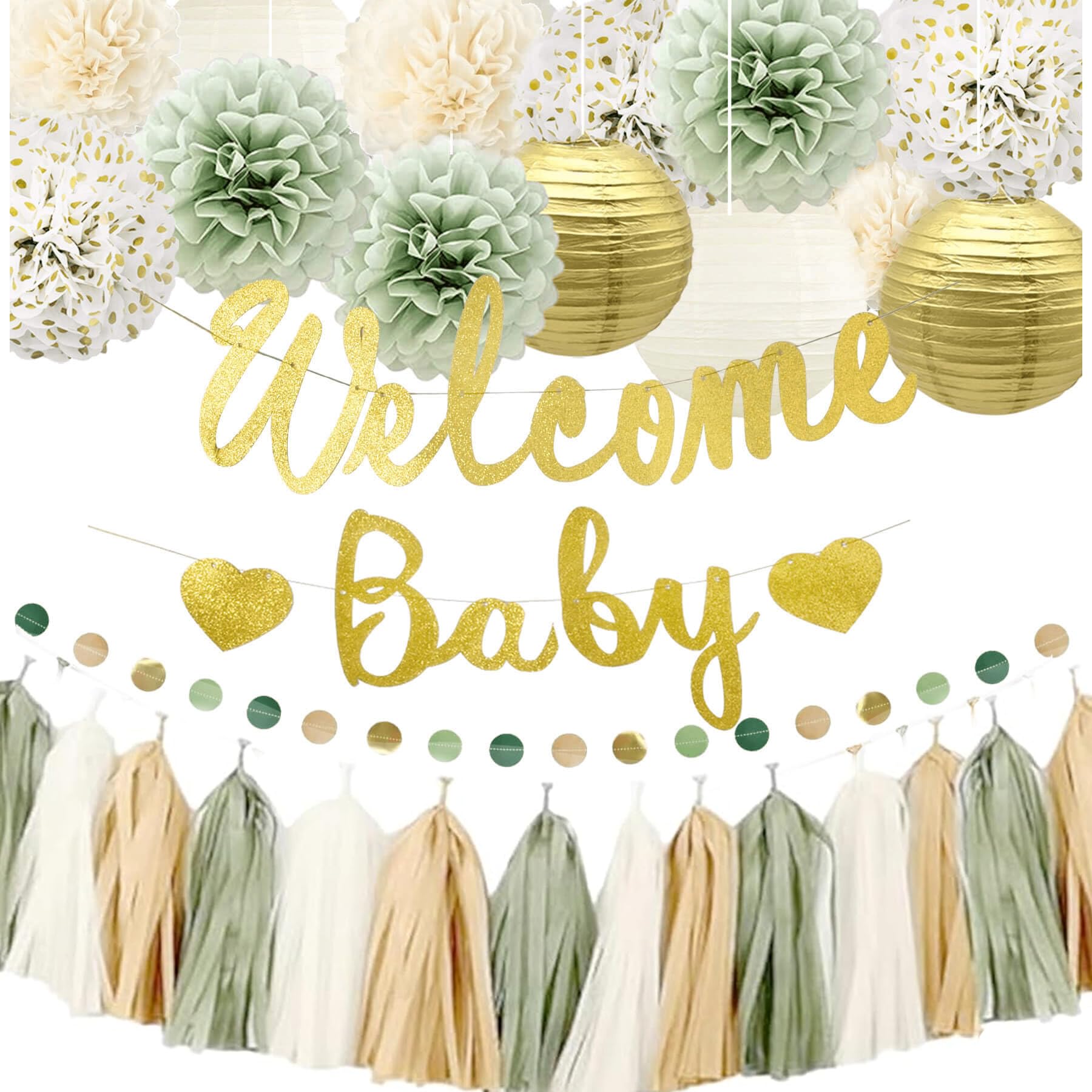 Neutral Sage Green and Gold Baby Shower Decorations - Boho Theme Party Supplies - Gender Reveal Welcome Baby Banner
| N