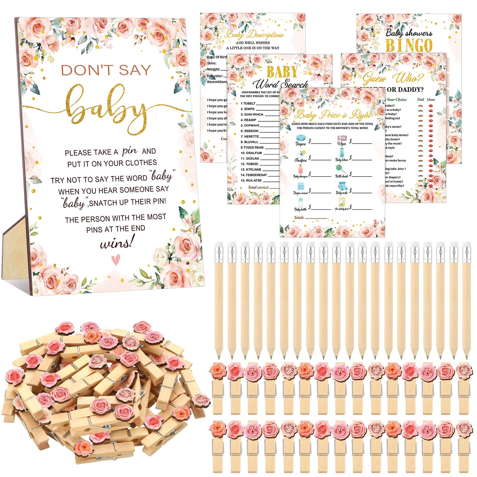 Patelai Floral 5 Sets Baby Shower Game Cards 50 Cards Each Don't Say Baby Sign 20 Pencils Supplies
